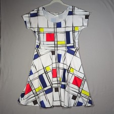 CowCow Women's Dress Sz XL White Colorful A-Line Skater Geometric Stretch