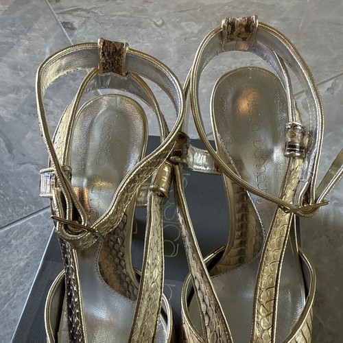 $180 JESSICA BENNETT Halston Platform Sandals Heels Shoes NEW Gold ~ Size 7.5 - Picture 4 of 13