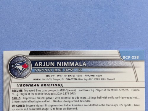 2025 Bowman Chrome Baseball Arjun Nimmala Prospects Laser Refraktor - Bild 7 von 10