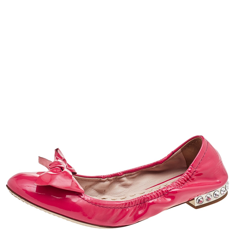 Miu Miu Pink Patent Leather Crystal Embellished Bow Ballet