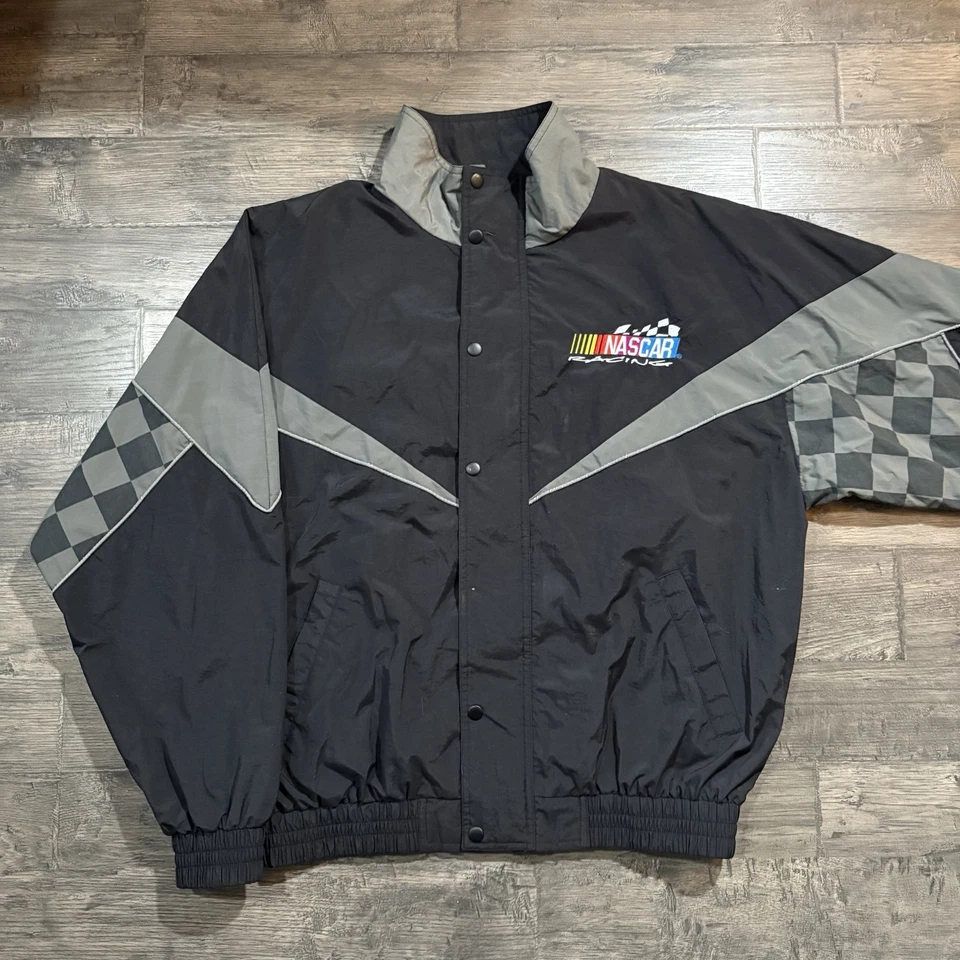 Jaqueta vintage anos 90 preta NASCAR Racing bandeira manga quebra-vento com zíper tamanho G - Imagem 3 de 4