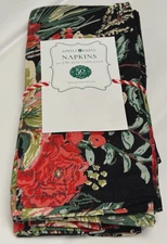 April Cornell MERRY Black  Christmas  Floral Cotton NAPKINS Set of 10