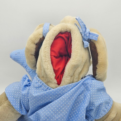Vintage Ganz Bros Wrinkles Dog Hand Puppet Plush 18” Girl With Bone - Blue Dress - Picture 9 of 9