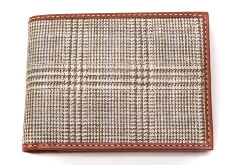 Mens Handmade Bifold Wallet Italian Leather Tweed Beige Glen Plaid Gift for Him - Picture 1 of 10
