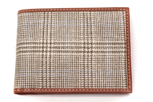 Mens Handmade Bifold Wallet Italian Leather Tweed Beige Glen Plaid Gift for Him