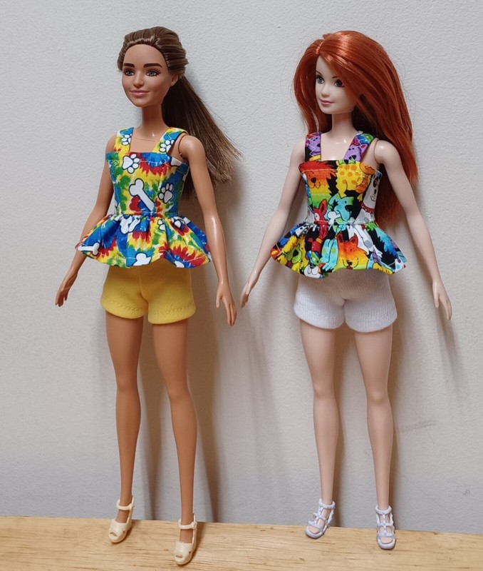 Barbie 11 1/2" Doll Clothing 2 multi color cotton tops, White and Yellow shorts