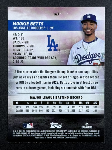 MOOKIE BETTS 2024 Topps Stadium Club #167 Red Parallel Los Angeles Dodgers - Picture 2 of 2