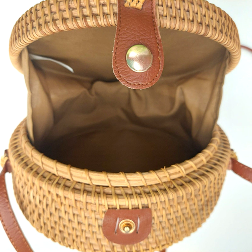 Wood and Wicker Round Mandala Basket Purse Shoulder Bag Boho Chic - Bild 8 von 10