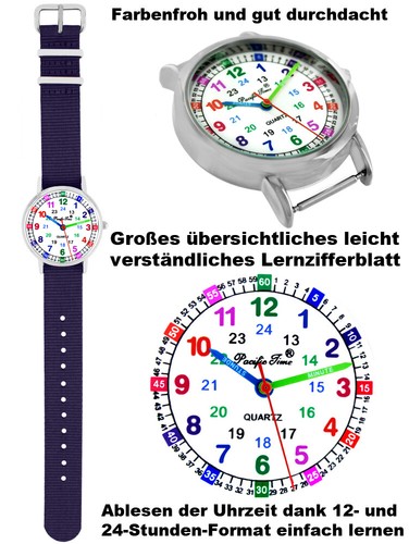 Armbanduhr Kinder Mädchen Uhr Lernuhr Nylon Wechsel Armband violett lila analog - Bild 3 von 12