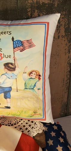 VINTAGE VICTORIAN ANTIQUE BOY GIRLS BEACH PATRIOTIC AMERICA FLAG USA PILLOW - Picture 3 of 7