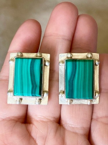 Signed Ais Mexico sterling silver malachite clip on Earrings