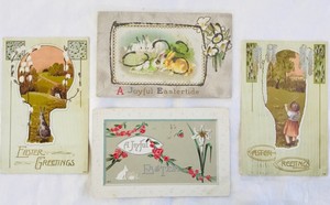 Lot-of-4-Antique-Embossed-Victorian-Easter-Postcards-with-Rabbits