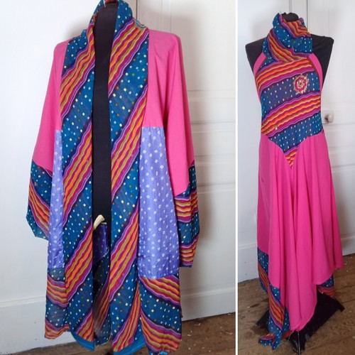 NEW HANDMADE BESPOKE KIMONO COAT ONE SIZE MATCHING HALTERNECK DRESS PINK SAREE - Picture 10 of 10