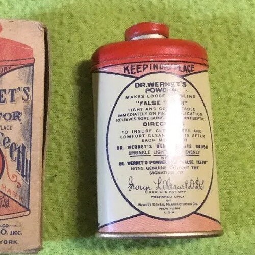VTG ~ Dr. Wernet's ~ Powder ~ False Teeth ~ Original ~Tin ~ Box - Picture 4 of 12