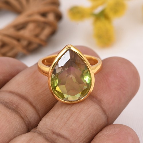 Pear Cut Peacock Quartz Gemstone Ring In Gold Plated Minimalist Jewelry For Gift - Picture 5 of 12
