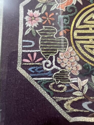 Vintage CHINESISCHE HANDBESTICKTE SEIDE PANEL Granatapfel Trauben Langlebigkeit - Bild 6 von 8