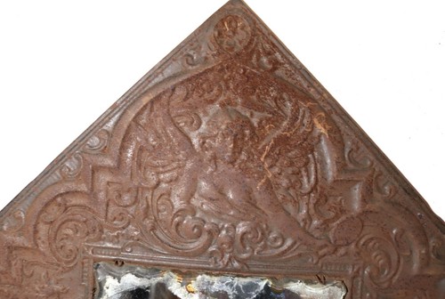 antique 1800's ornate figural angels relief square tooled metal tole wall mirror - Picture 5 of 11