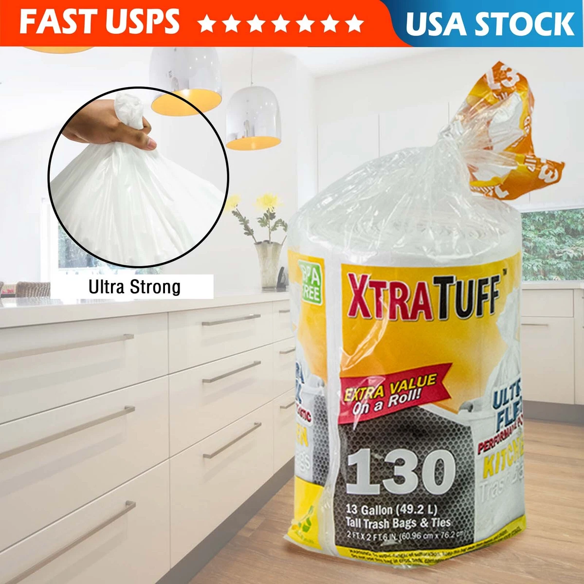 Xtra Tuff Trash Bags Kitchen Garbage Bags 13 Gallon 130 CT Heavy Duty BPA  FREE