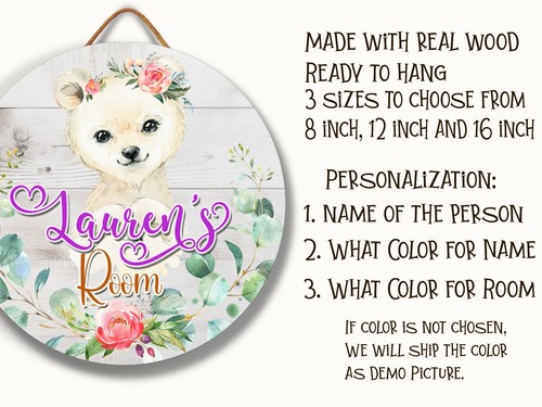 Letrero de nombre personalizado para niña habitación guardería decoración puerta oso polar ANM004 - Imagen 2 de 11