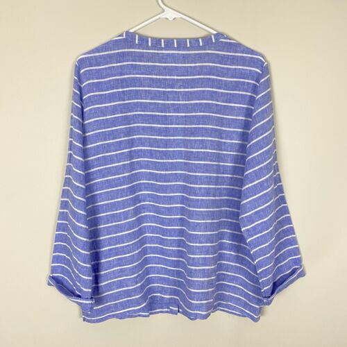 C&C California Top Shirt Blouse Womens Size L Blue Linen Striped Button Front - Picture 2 of 10