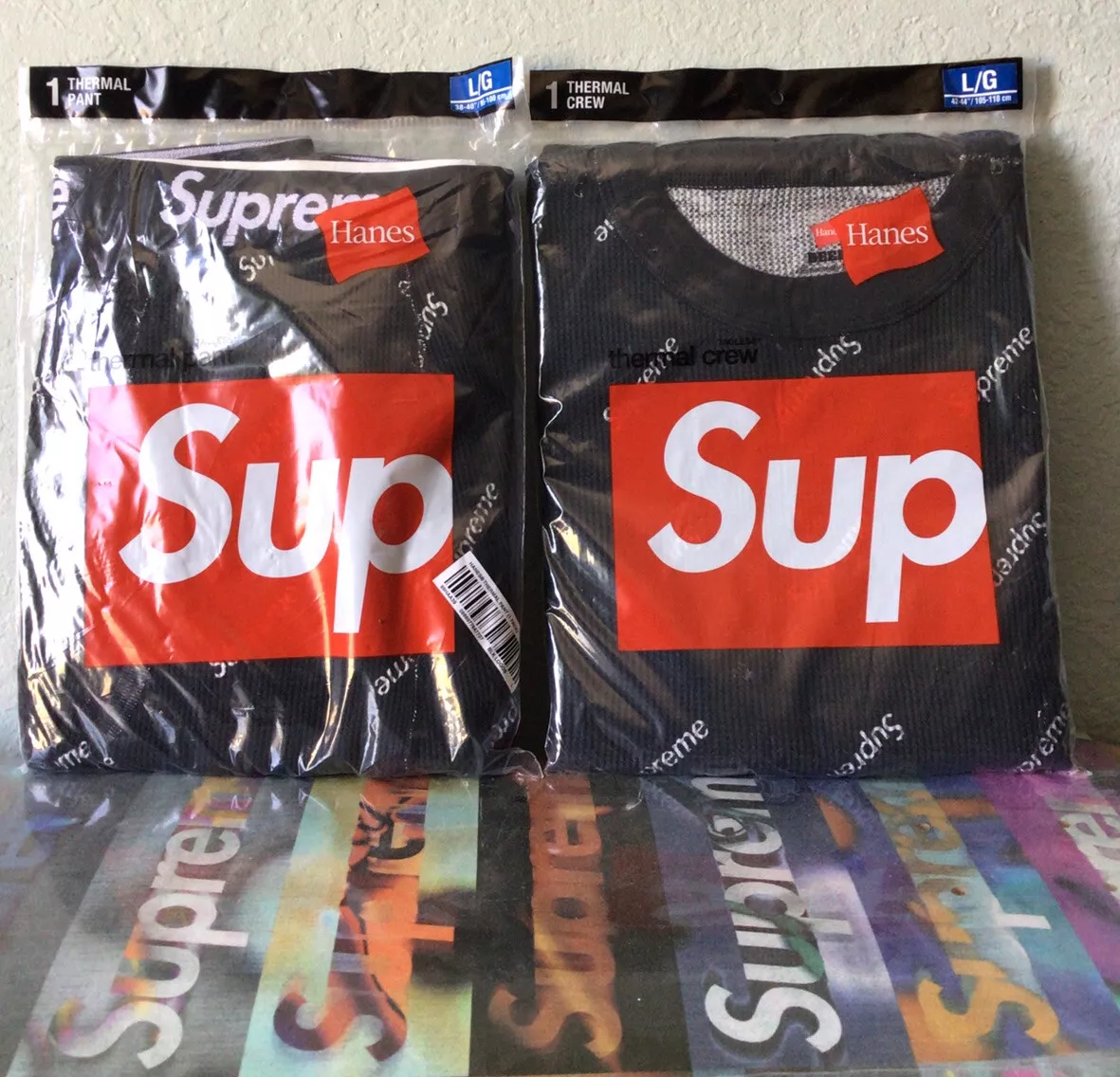 SUPREME x HANES ensemble thermique pantalon/équipage taille GRAND (2 pièces) NEUF ! 100 % AUTHENTIQUE