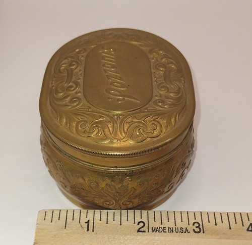 Antique Pozzini's Hinged Powder Tin Box Scrolled Brass Colored Vanity Decor - Picture 10 of 10