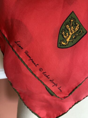 Echo Lion Rampant Silk Scarf Bright Red Square Vintage 26.5”x26.5” - Picture 2 of 6