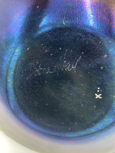 Debra Hall Purple Iridescent Fused Glass Bowl with wire/bead SIGNED - Picture 6 of 8
