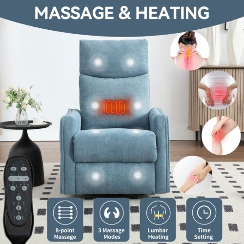 Heat Massage Manual Chair Recliner with Rocker and Swivel in Fabric Blue - Picture 16 of 19