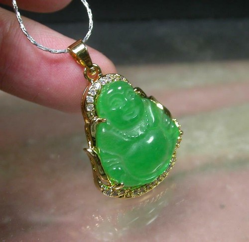 Real Green Jade Imitation Diamond Buddha Blessing Gold Plated Pendant Necklace - Picture 5 of 10