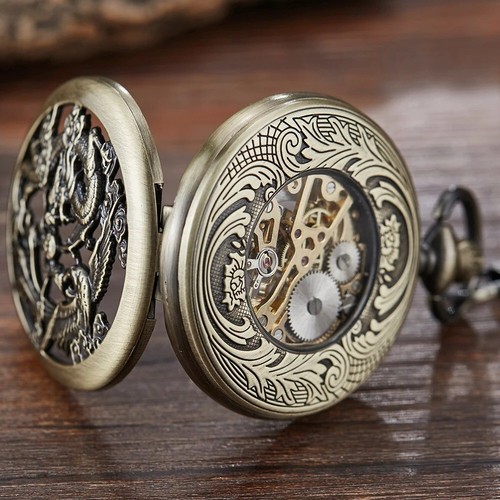Mechanical Chinese Dragons Hand Wind Skeleton Pocket/Fob Watch Victorian Gears - Picture 6 of 8