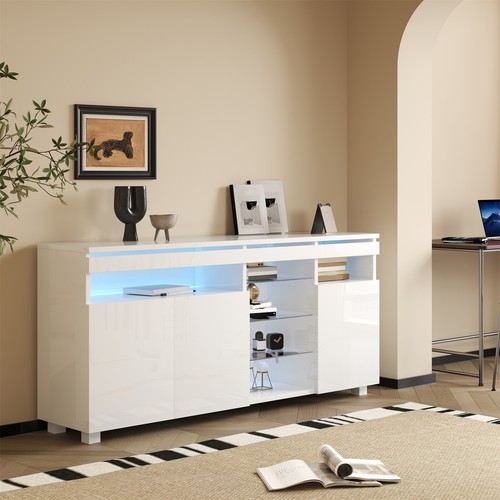 Sideboard mit Glasböden und LED Licht Küchenschrank Aufbewahrungsschrank Weiß - Bild 2 von 14