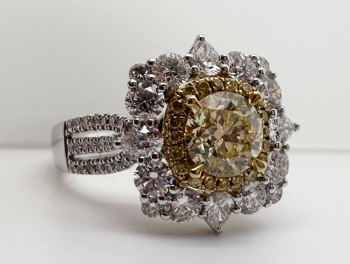 Glittering Yellow & White Brilliant Cut Lab-Created Diamonds Cluster Halo Ring - Picture 3 of 6