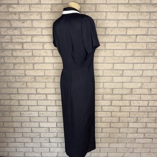 VTG Hearts Long Black Opaque Darted Dress White Pointed Collar Shoulder Pads 5/6 - Picture 8 of 14