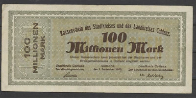 COBLENZ Koblenz 100 Millionen Mark 1.Sept.1923 Wz : Furchen Notgeld ( 3 E - Bild 1 von 2