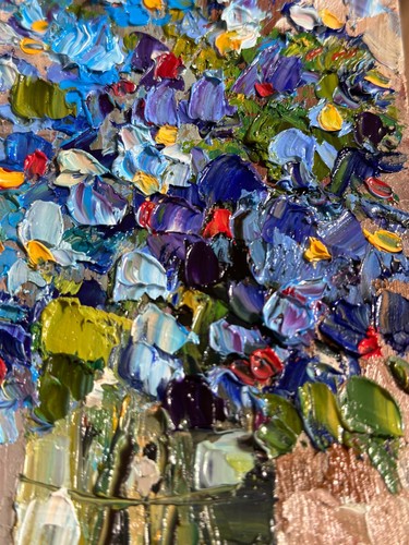 Blooming Flowers Blue Wildflower Painting Original Floral Oil Impasto Art Signed - Picture 7 of 8