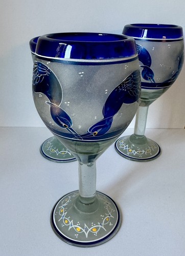 Juego 3 HERMOSAS COPAS DE VINO CON FLORES DE PÁJAROS AZULES Pintadas a Mano Tallo Largo - Imagen 4 de 18