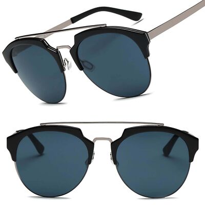 Women Retro Half Frame Horned Rim Cat Eye Fashion Black Sunglasses