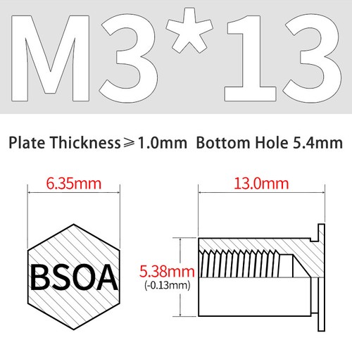 BSOA-3.5M3 Aluminum Pressure Riveting Nuts Stud Rivnut Blind Hole Hexagon Head - Picture 17 of 29