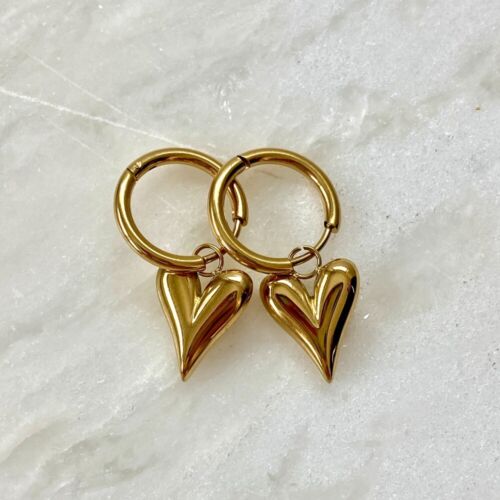 Gold Tone Heart Huggie Hoop Earrings Tarnish Free Stainless Steel - Picture 7 of 11