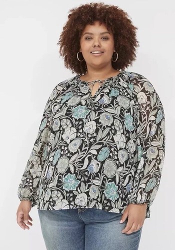 Blusa para mujer Lane Bryant con detalle de volantes atraídos cuello en V turquesa floral 22/24 - Imagen 12 de 14