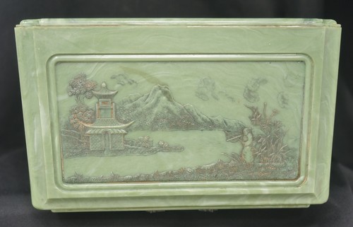 Vintage Jade Green Celluloid Asian Theme Dragon Handle Jewelry Box 7.5"W X 5.5"T - Picture 2 of 10