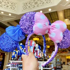Disney- Polka Dot Purple Sequin Ears + Blue Iris Purple Hydrangea Ears Headband