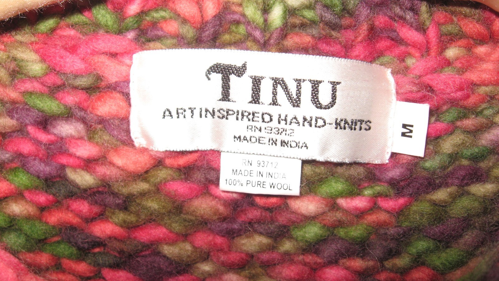 Tinu 100percent Wool Hand Knit Artisan Cardigan Sweater M PurplePinkGreen Multi RARE! image 3