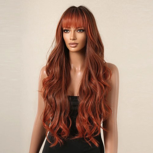 Ombre Wigs with Bangs Long Wavy Wig Cooper Red Party Cosplay Hair Natural Dark - Picture 4 of 10