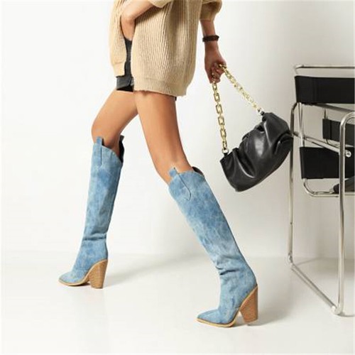 Women Denim Cowboy Boots Block Heel Pointy Toe Chelsea Riding Biker Knee High - Picture 4 of 8