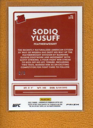 Sodiq Yusuff 2021 Chronicles UFC Optic Rated Rookie Asia Gold Prizm RC #215/8 - Foto 2 di 2