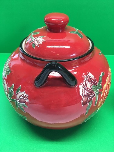 Tetera y taza de porcelana Pier 1 pintada a mano sin mango peonías rojas y blancas - Imagen 6 de 8