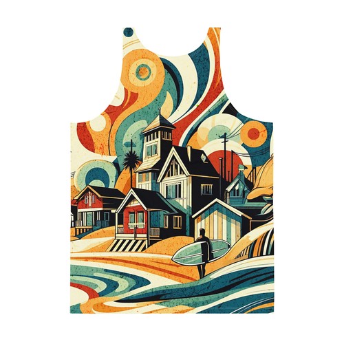 Surf House Tank Top All Over Graphic Print Beach Scene West Coast Casual - Picture 7 of 17