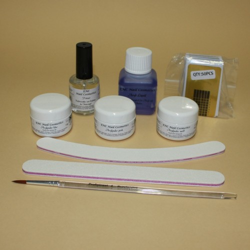ENC Acryl Starterset Set inkl Liquid, 3 x Acrylpulver, Nagelschablonen, Primer